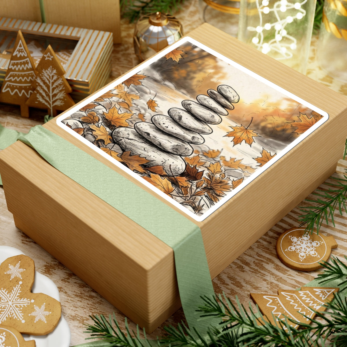 Autumn River Stones Minimal Line Sticker | Elegant Decor Art Print