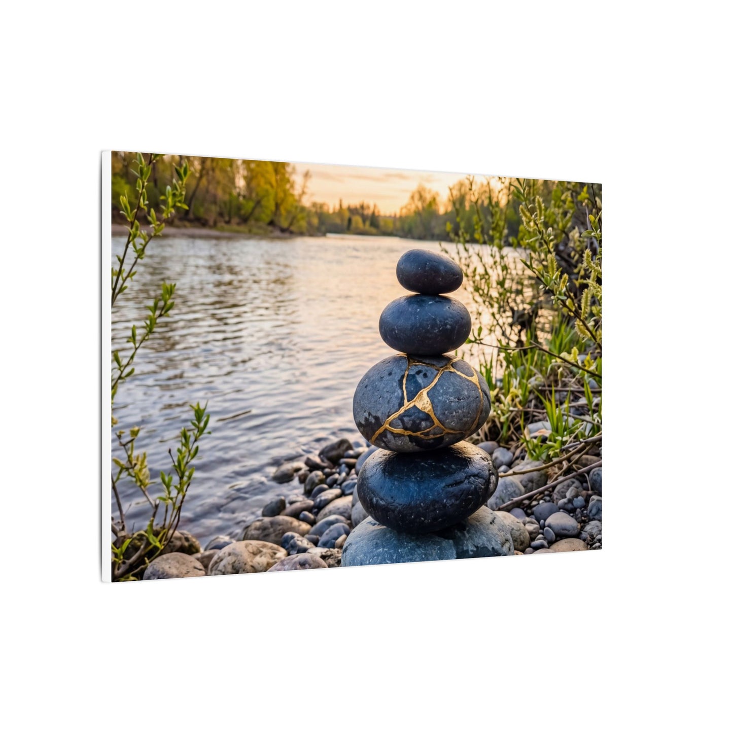 Kintsugi River Stones in Golden Hour | Gold Vein Canvas Art