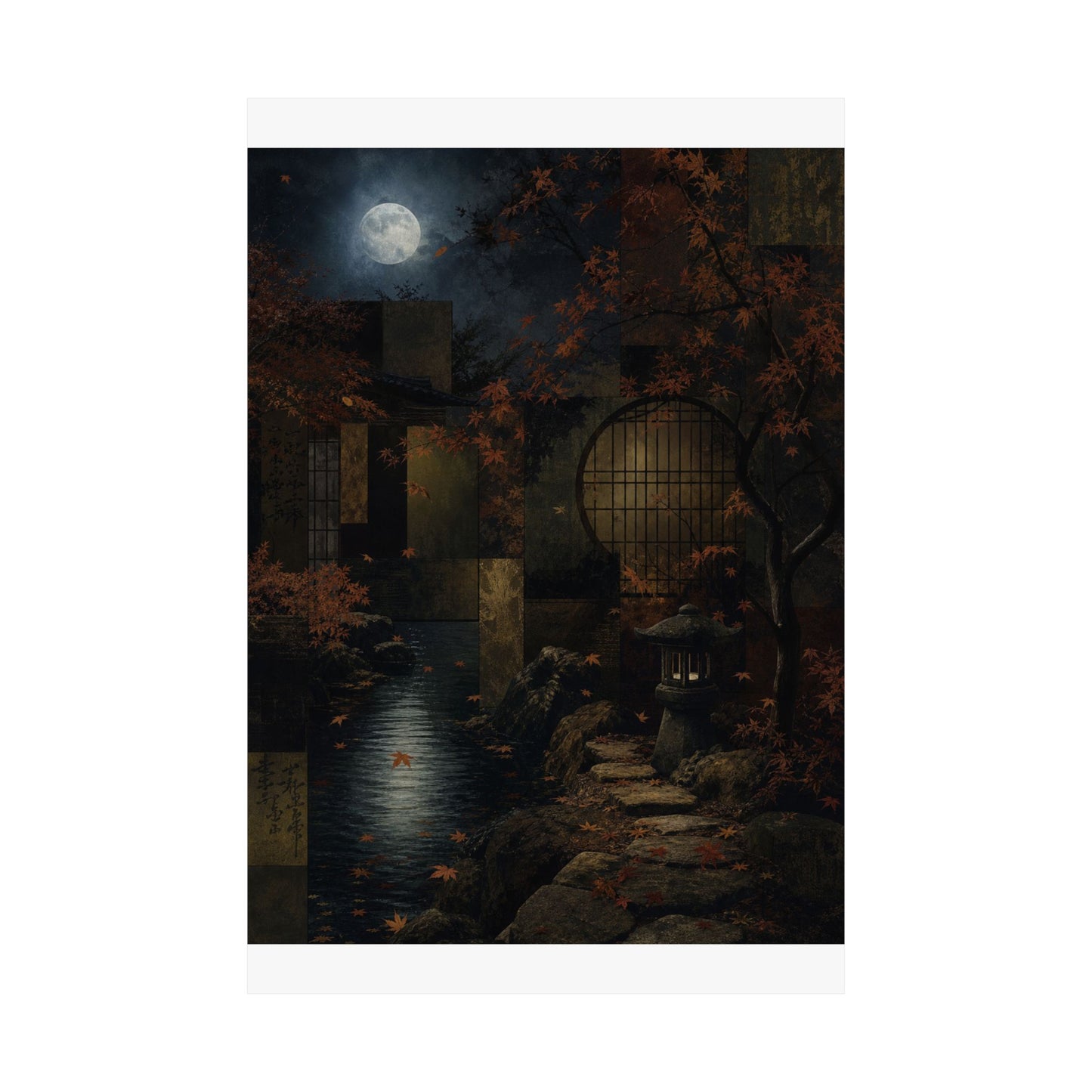 Moonlit Garden Shadow Zen Wall Art Print | Moody Dark Japandi Art