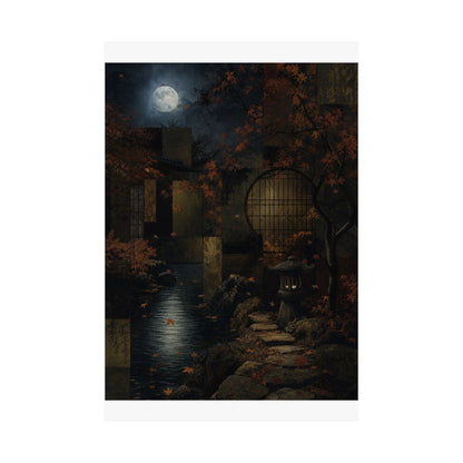 Moonlit Garden Shadow Zen Wall Art Print | Moody Dark Japandi Art