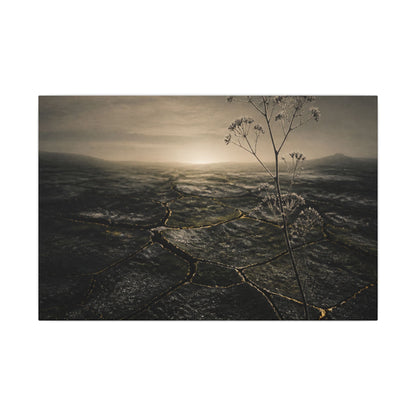 Dawn Cracked Earth Canvas Art - Dark Japandi Mono No Aware