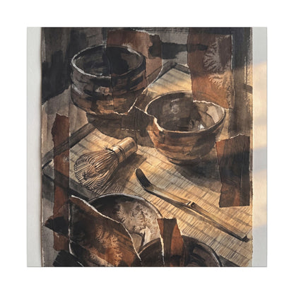 Tea Ceremony Charcoal Ink Canvas Art | Luxurious Dark Japandi Art