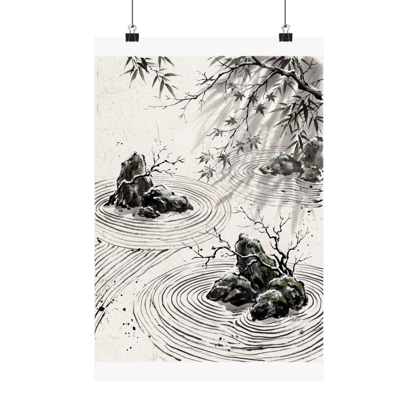 Winter Rock Garden Sumi E Wall Art Print | Serene Decor