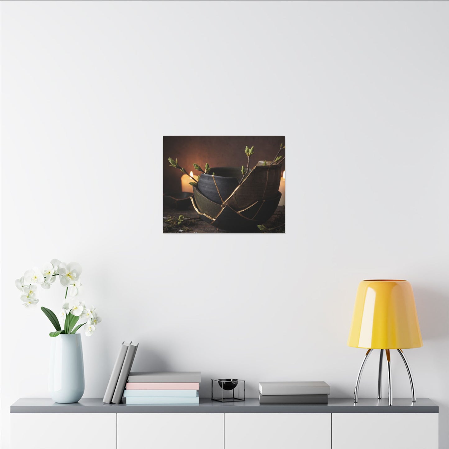 Broken Pottery Spring Canvas Art | Dark Japandi Luxurious Design