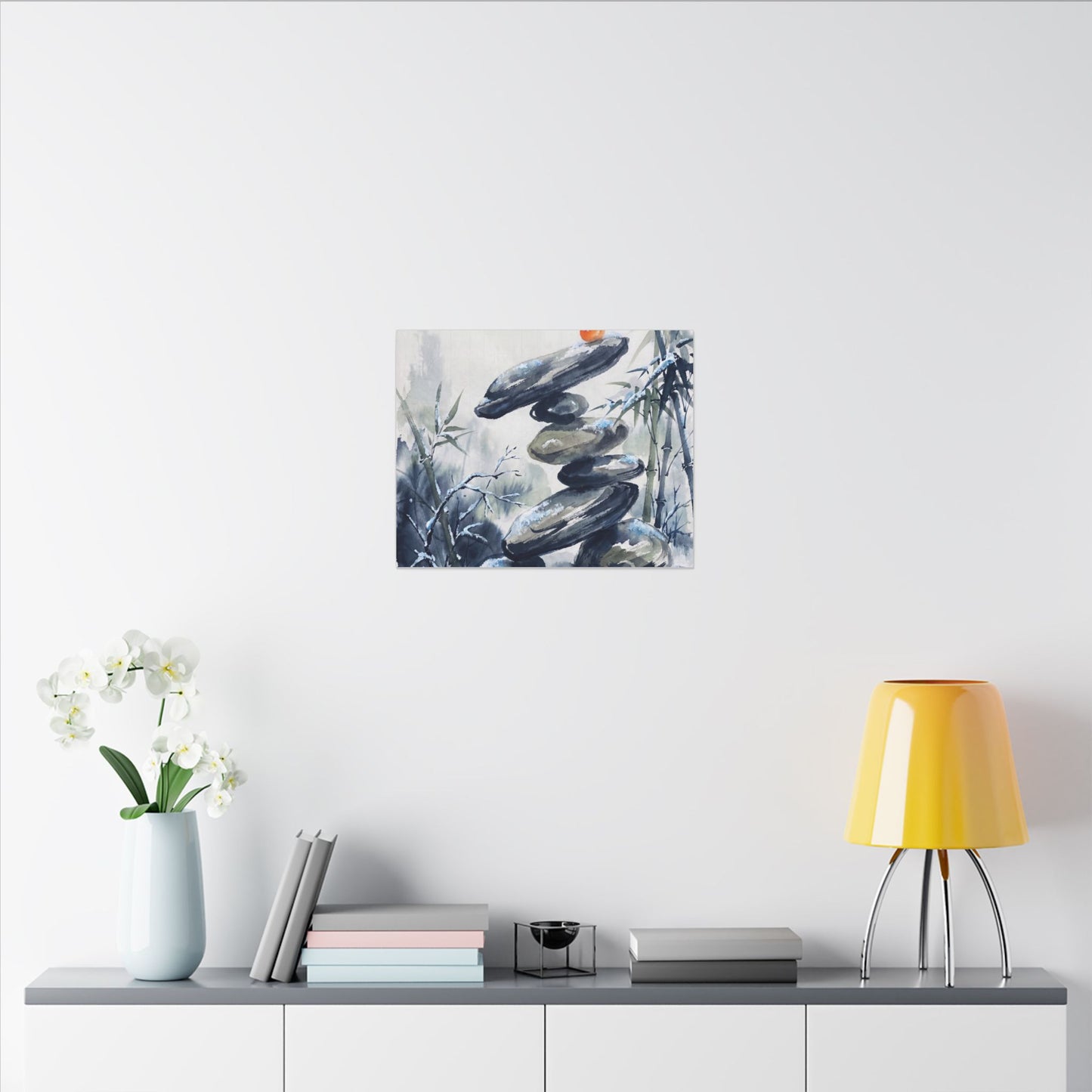 Zen River Stones in Moonlight | Sumi E Canvas Art