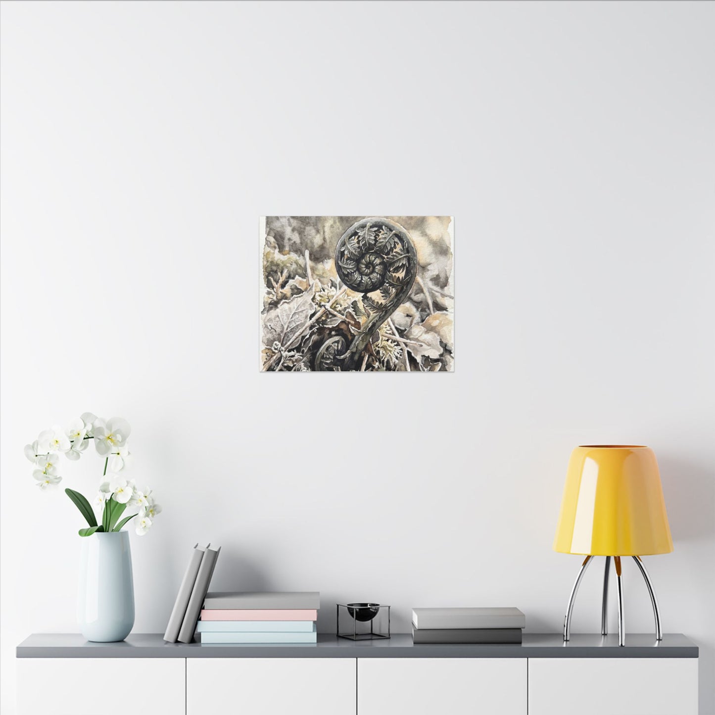 Japandi Fern Unfurling in Golden Hour | Watercolor Canvas Art