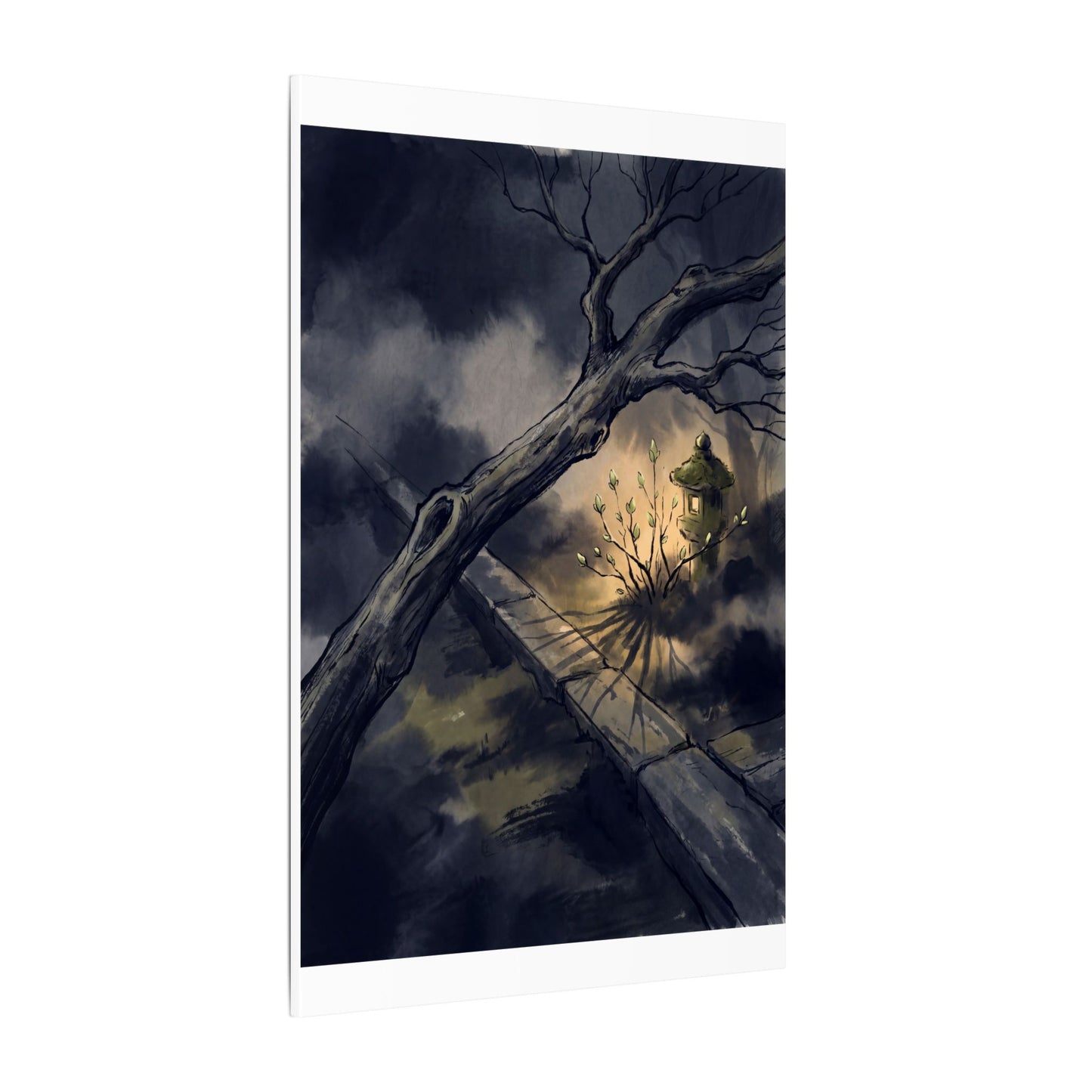 Dark Japandi Moonlit Garden in Golden Hour | Charcoal Ink Canvas Art