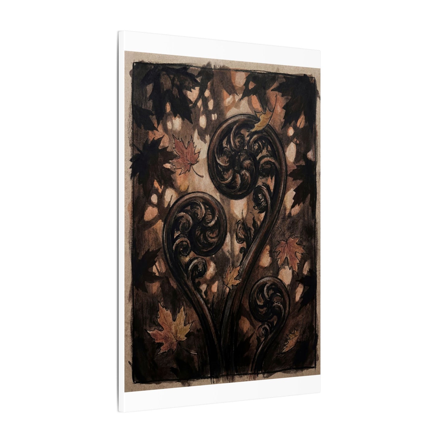 Mono No Aware Fern Unfurling Canvas Art - Dark Japandi Charcoal Ink