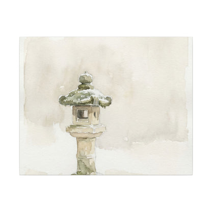 Stone Lantern Winter Canvas Art | Japandi Earthy Design