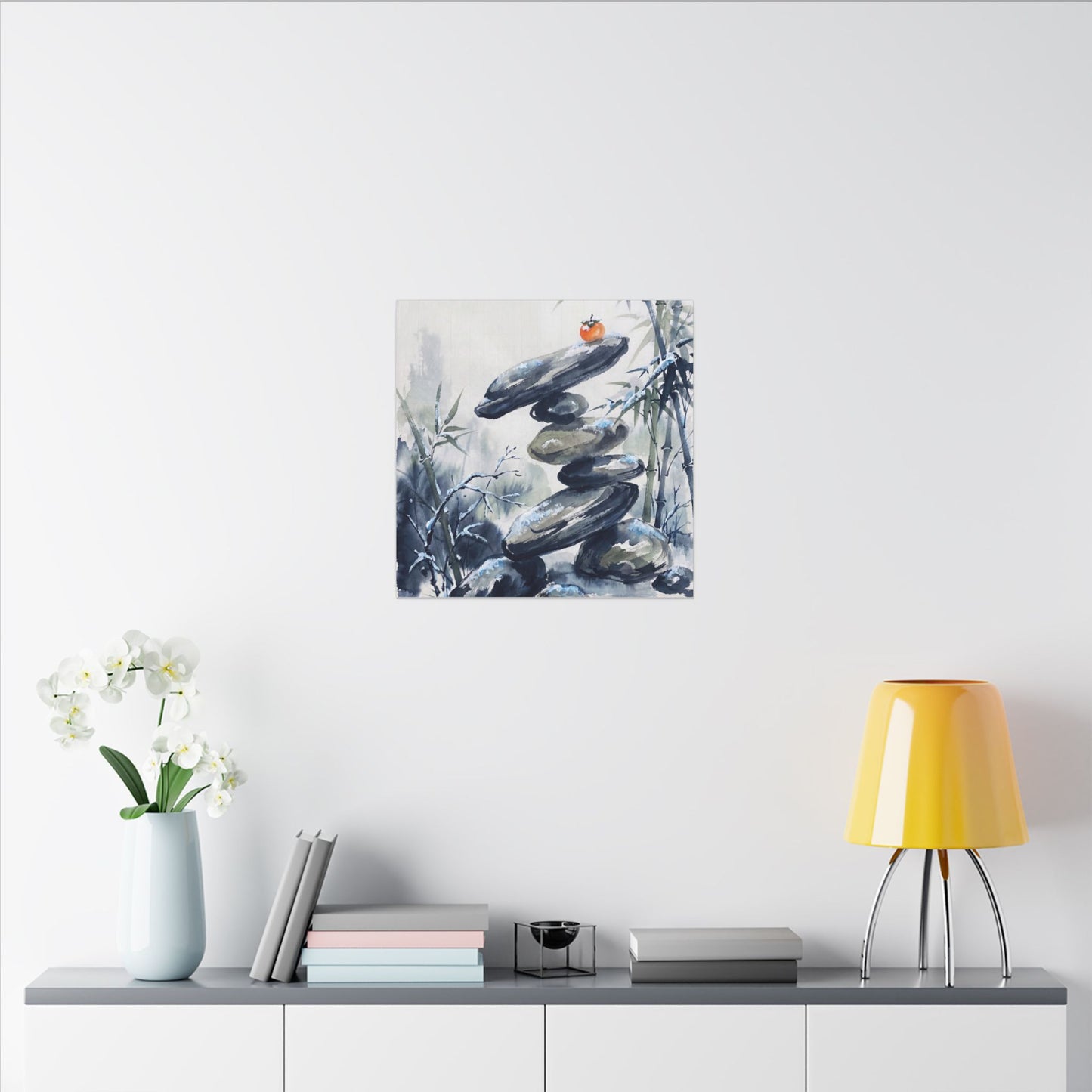 Zen River Stones in Moonlight | Sumi E Canvas Art