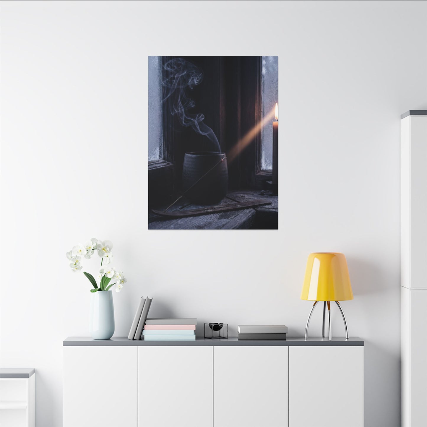 Incense Smoke Winter Canvas Art | Dark Japandi Sophisticated Design