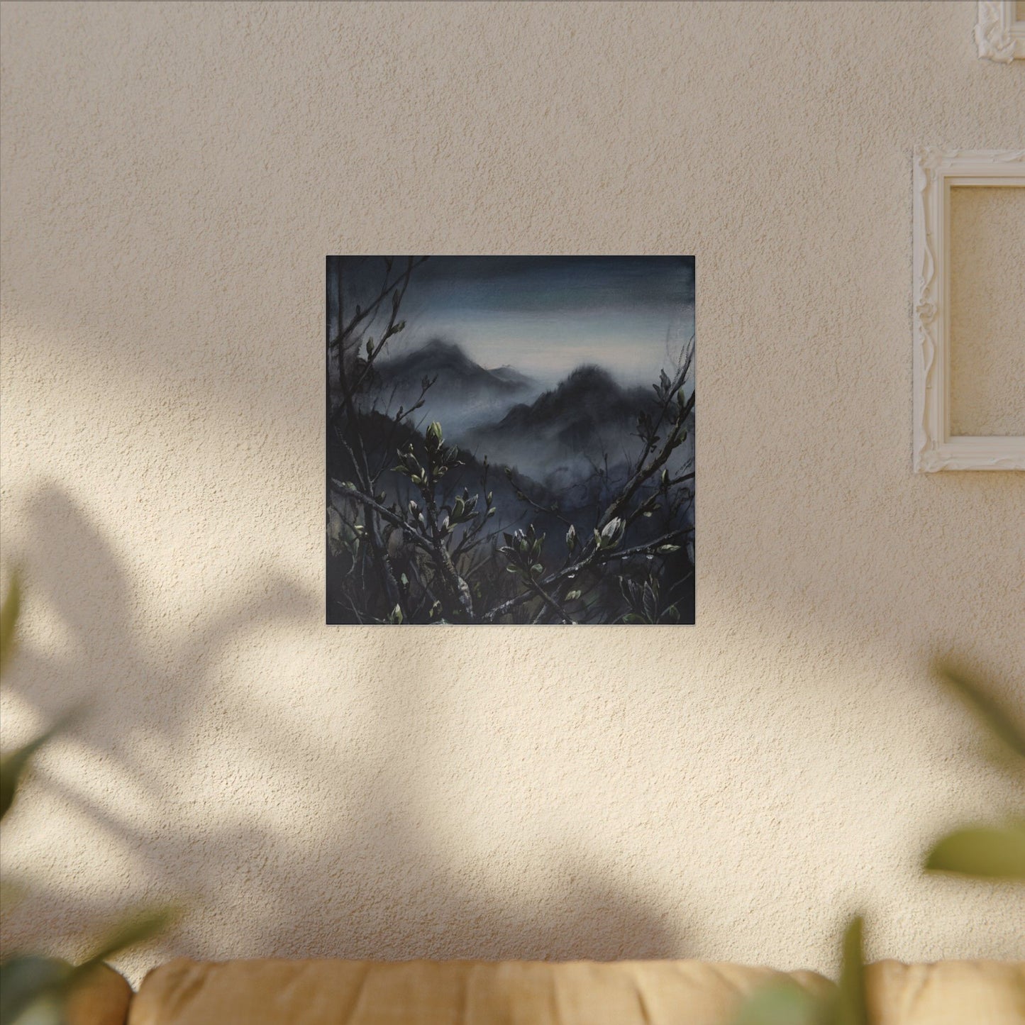 Mountain Mist Spring Canvas Art | Dark Japandi Atmospheric Design