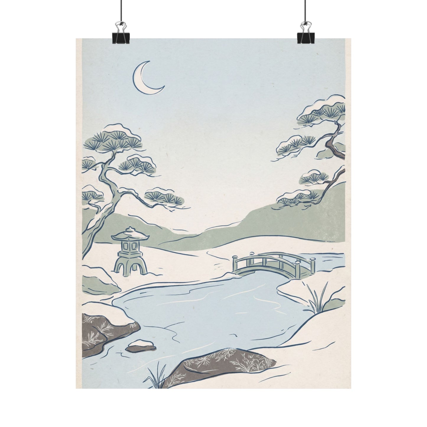 Moonlit Garden Minimal Line Wall Art Print | Neutral Japandi Art