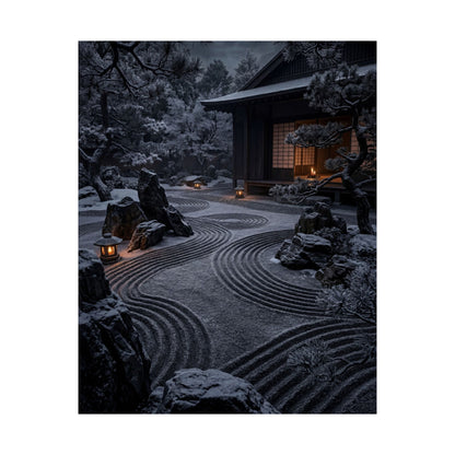 Dark Japandi Rock Garden in Candlelight | Shadow Zen Wall Art Print