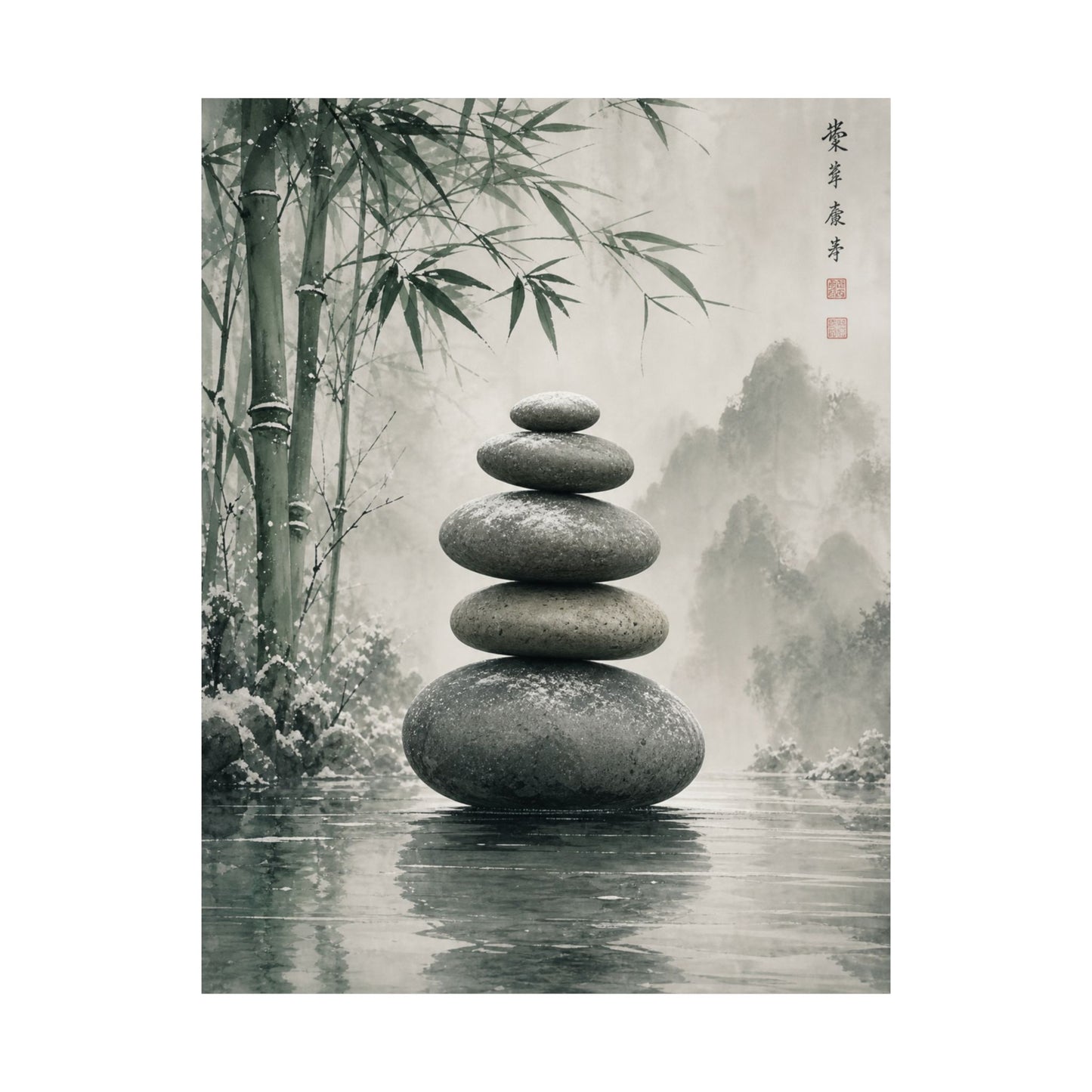River Stones Sumi E Wall Art Print | Tranquil Zen Art