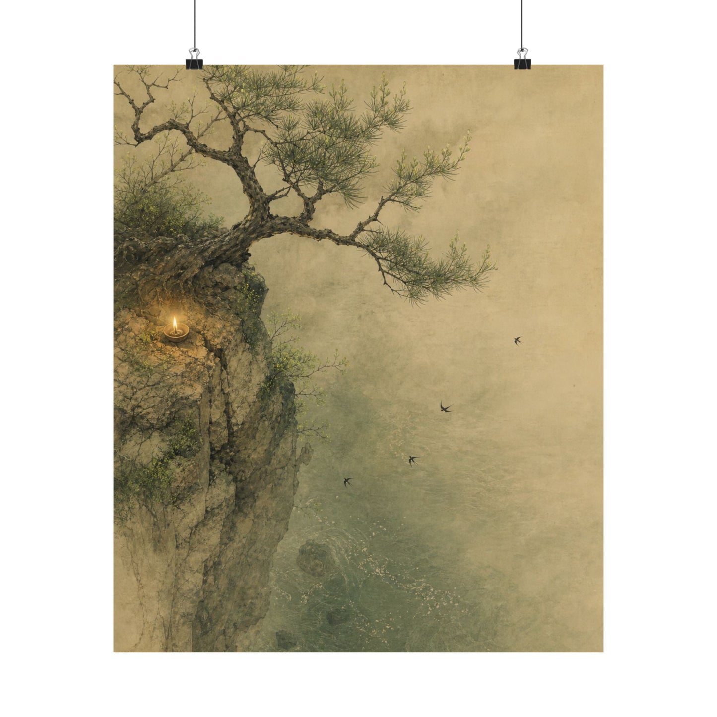 Japandi Pine Tree in Candlelight | Minimal Line Wall Art Print