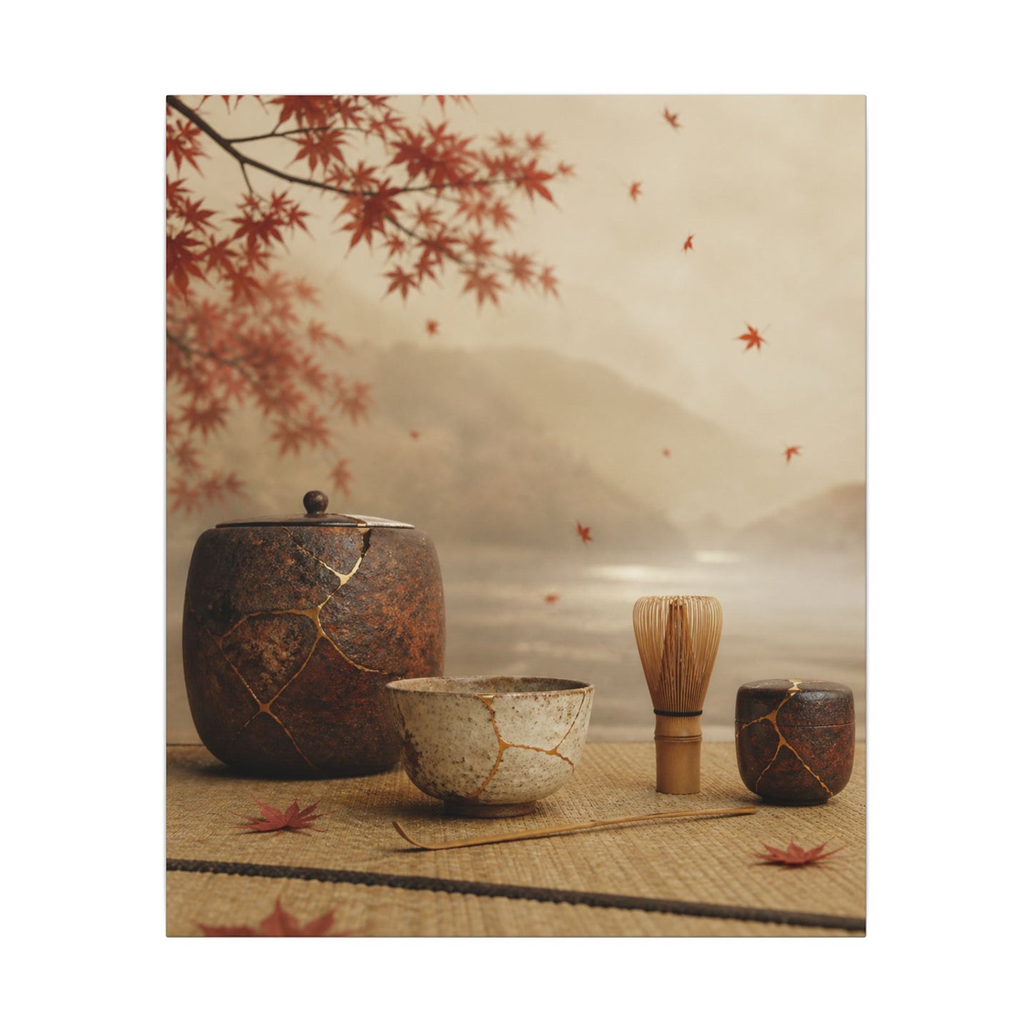 Tea Ceremony Canvas Art | Autumn Kintsugi Gold Vein Art