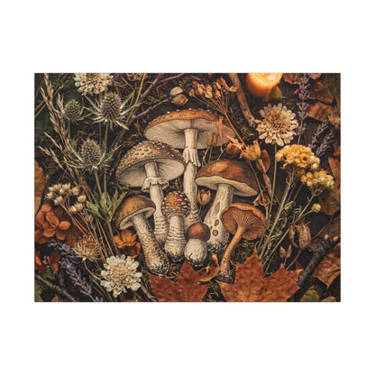 Autumn Dried Flowers Mushroom Illustration Canvas Art | Earthy Decor