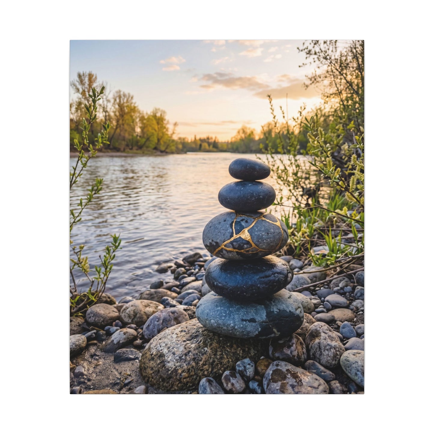 Kintsugi River Stones in Golden Hour | Gold Vein Canvas Art