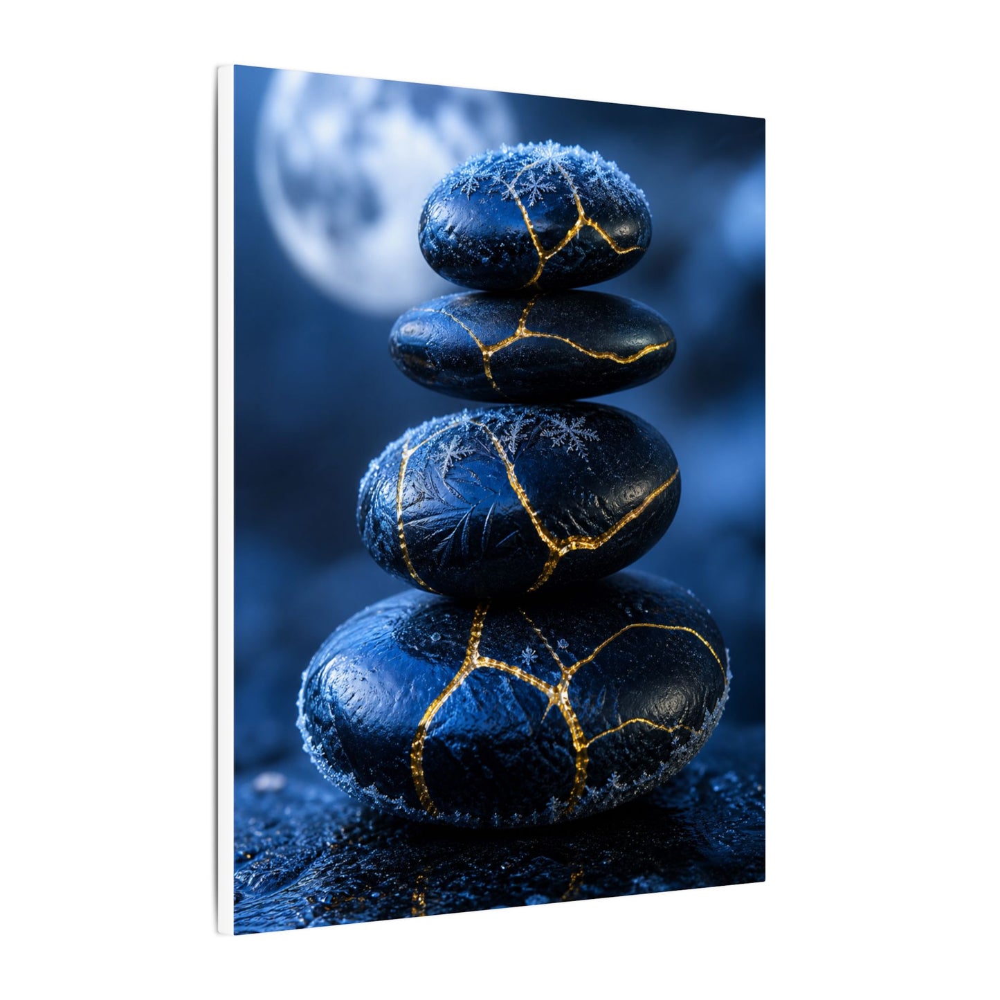 River Stones Canvas Art | Winter Kintsugi Gold Repair Art