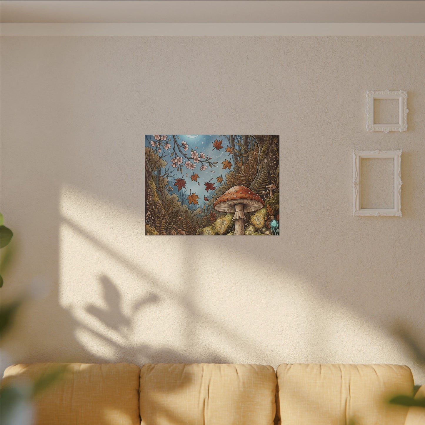 Autumn Cherry Blossom Mushroom Illustration Canvas Art | Enchanting Decor