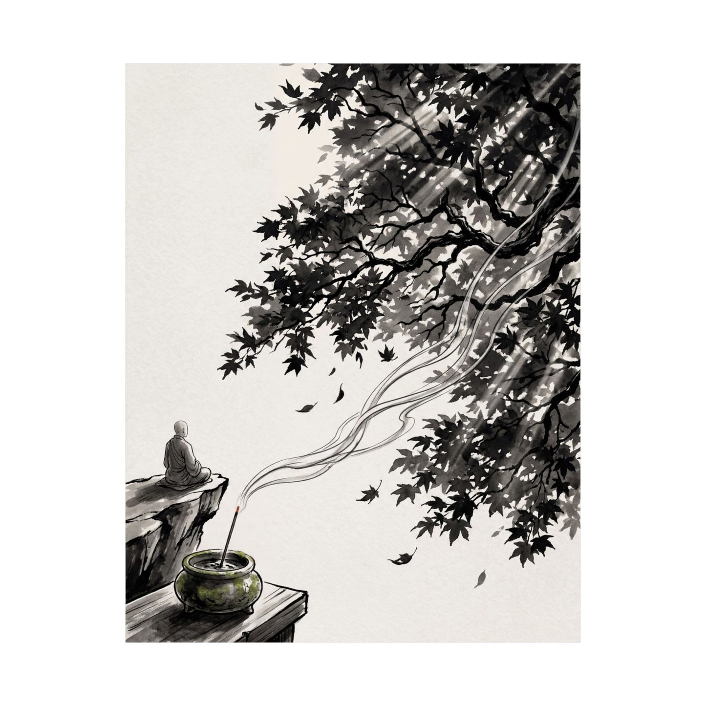 Contemplative Incense Smoke Wall Art Print - Ukiyo E Inspired Zen