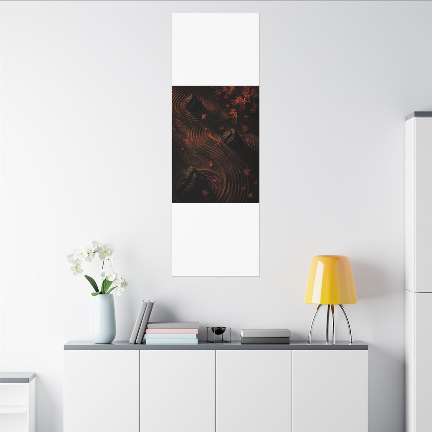 Dark Japandi Rock Garden in Golden Hour | Charcoal Ink Canvas Art