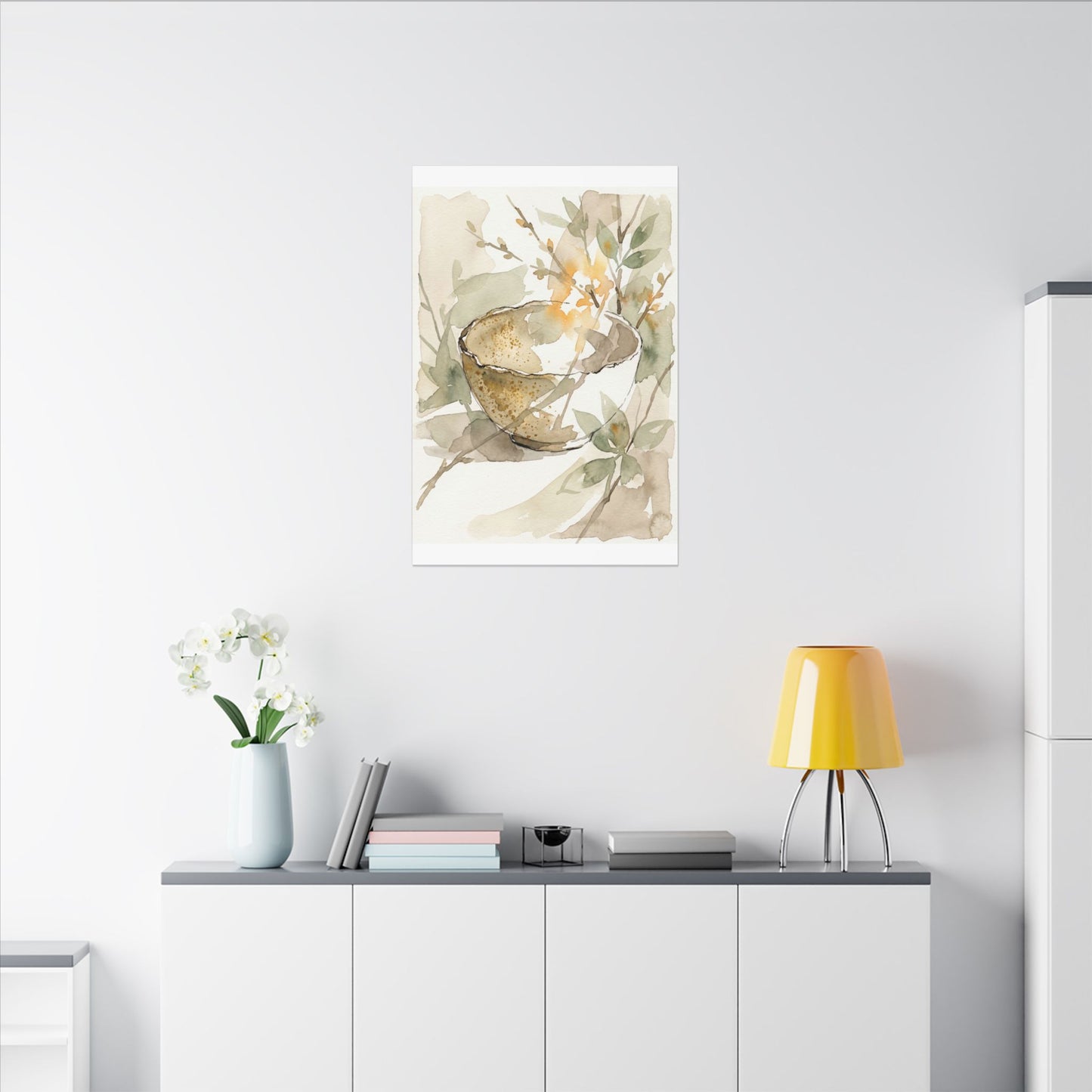Spring Ceramic Bowl Watercolor Canvas Art | Neutral Decor