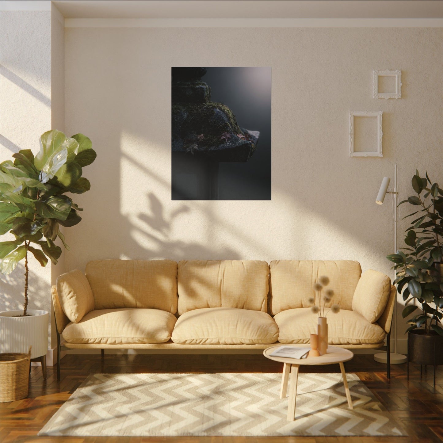 Stone Lantern Moody Minimal Canvas Art | Sophisticated Dark Japandi Art