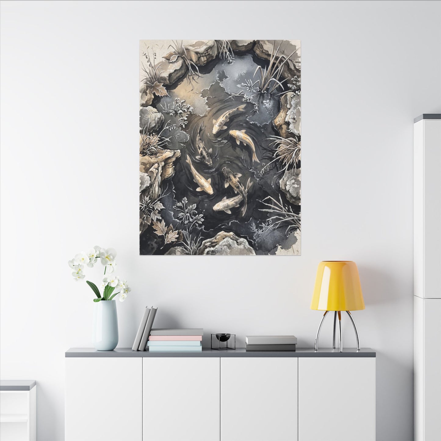 Koi Pond Canvas Art | Winter Japandi Japanese Pattern Art