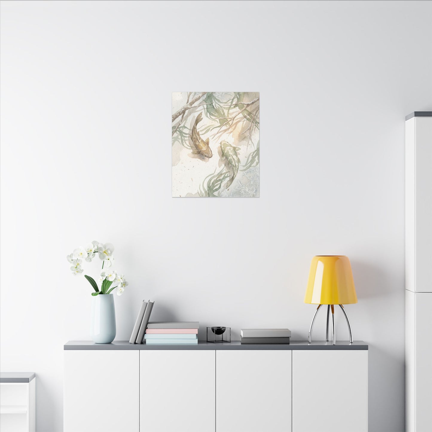 Koi Pond Canvas Art | Winter Japandi Watercolor Art