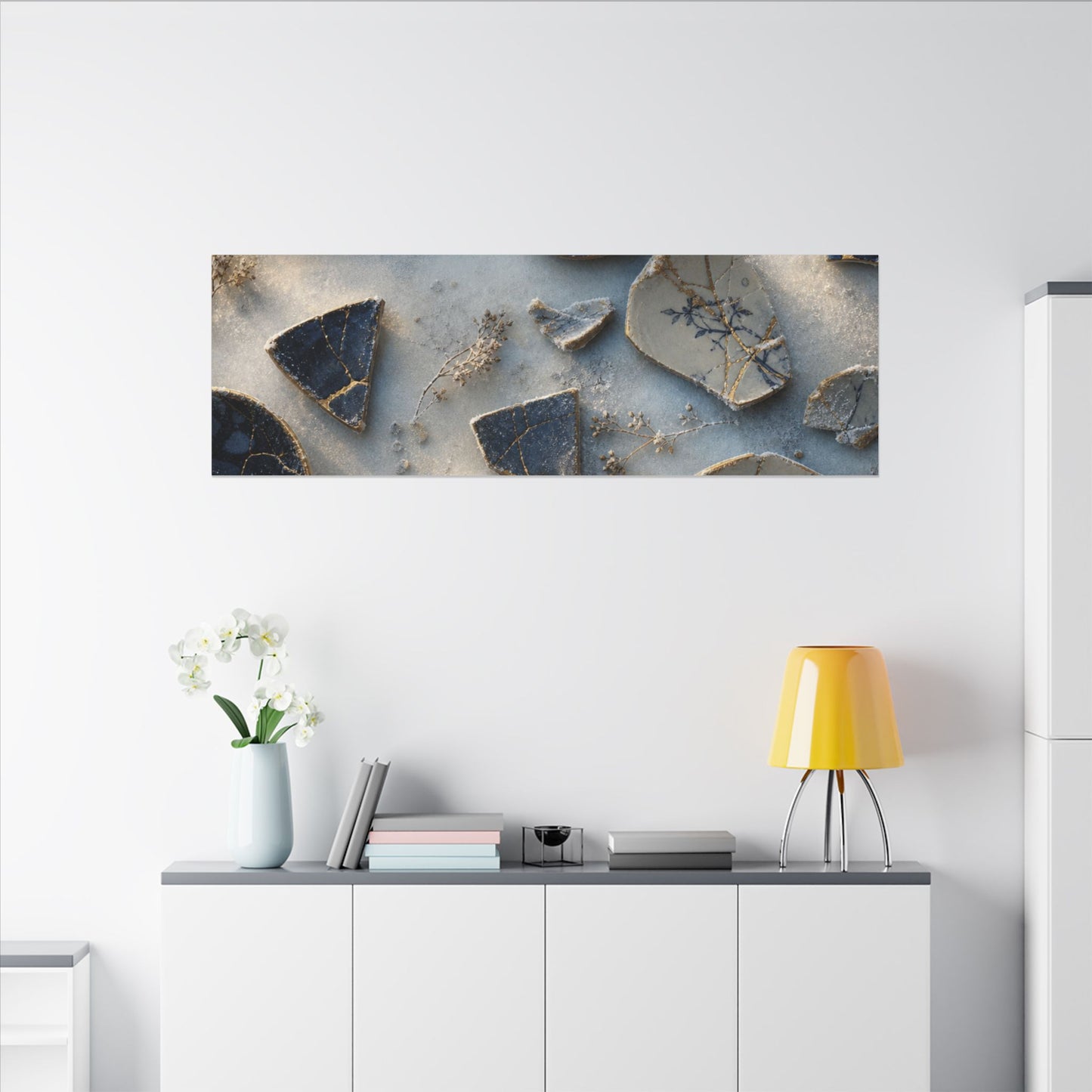 Broken Pottery Canvas Art | Winter Kintsugi Gold Vein Art