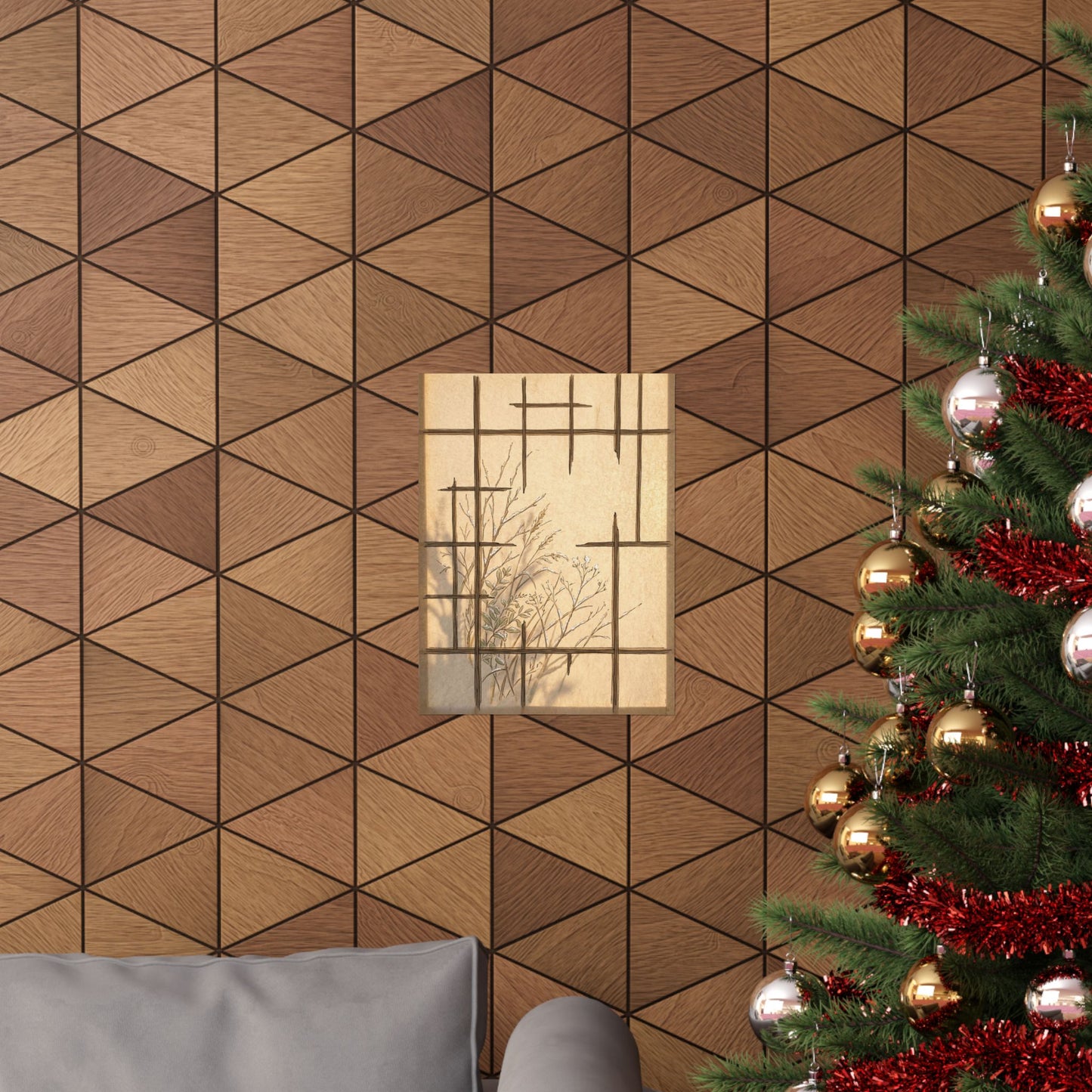 Japandi Shoji Screen in Golden Hour | Minimal Line Wall Art Print