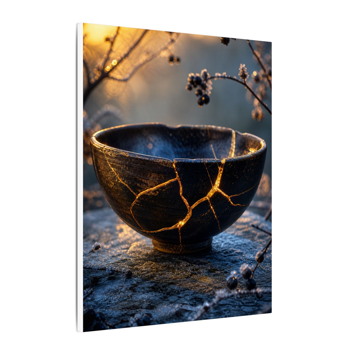 Ceramic Bowl Canvas Art | Winter Kintsugi Gold Repair Art