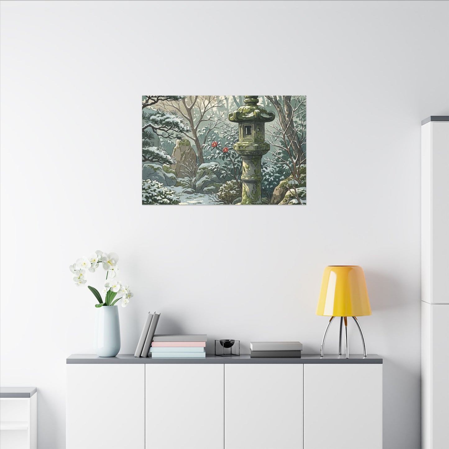 Stone Lantern Winter Canvas Art | Japandi Warm Design