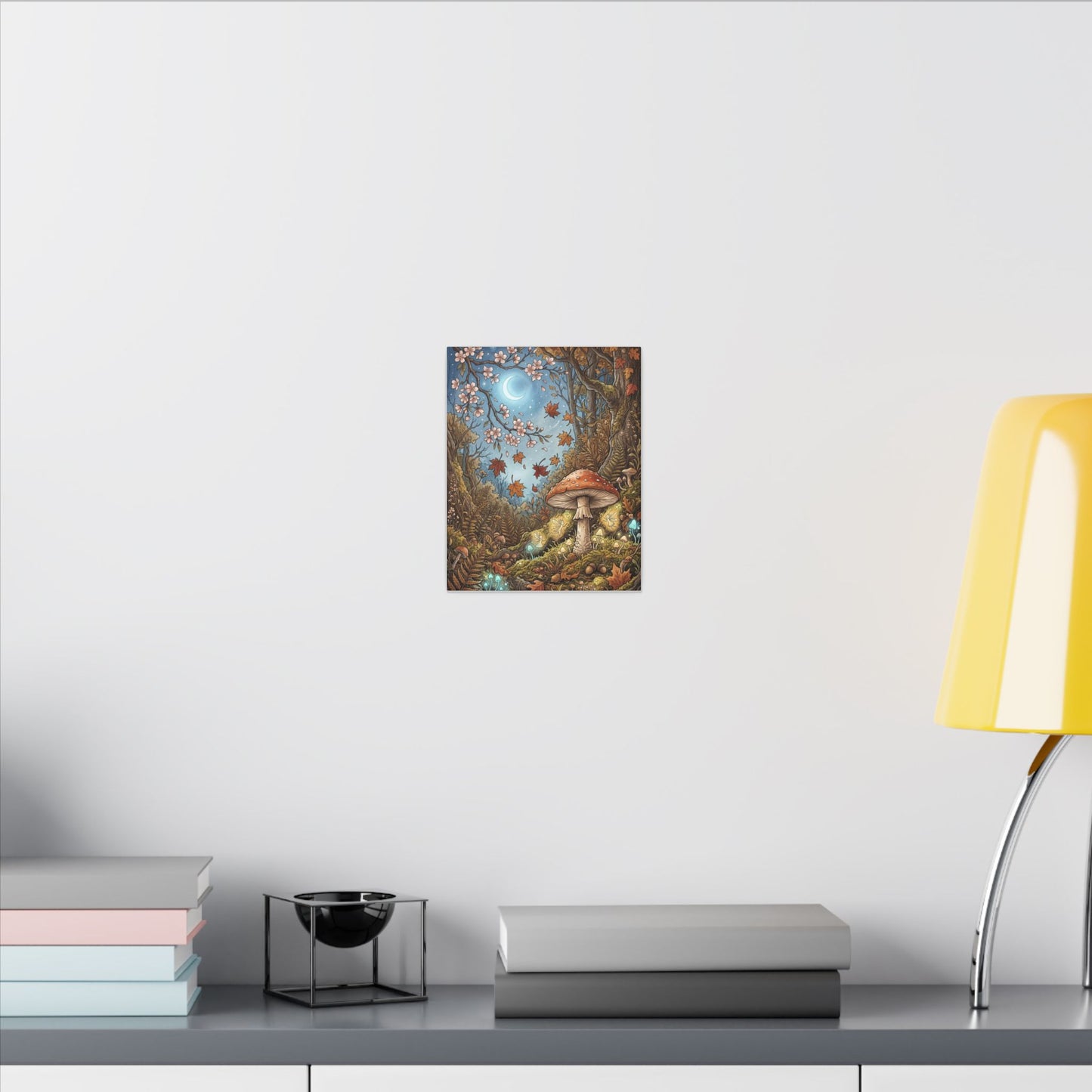 Autumn Cherry Blossom Mushroom Illustration Canvas Art | Enchanting Decor