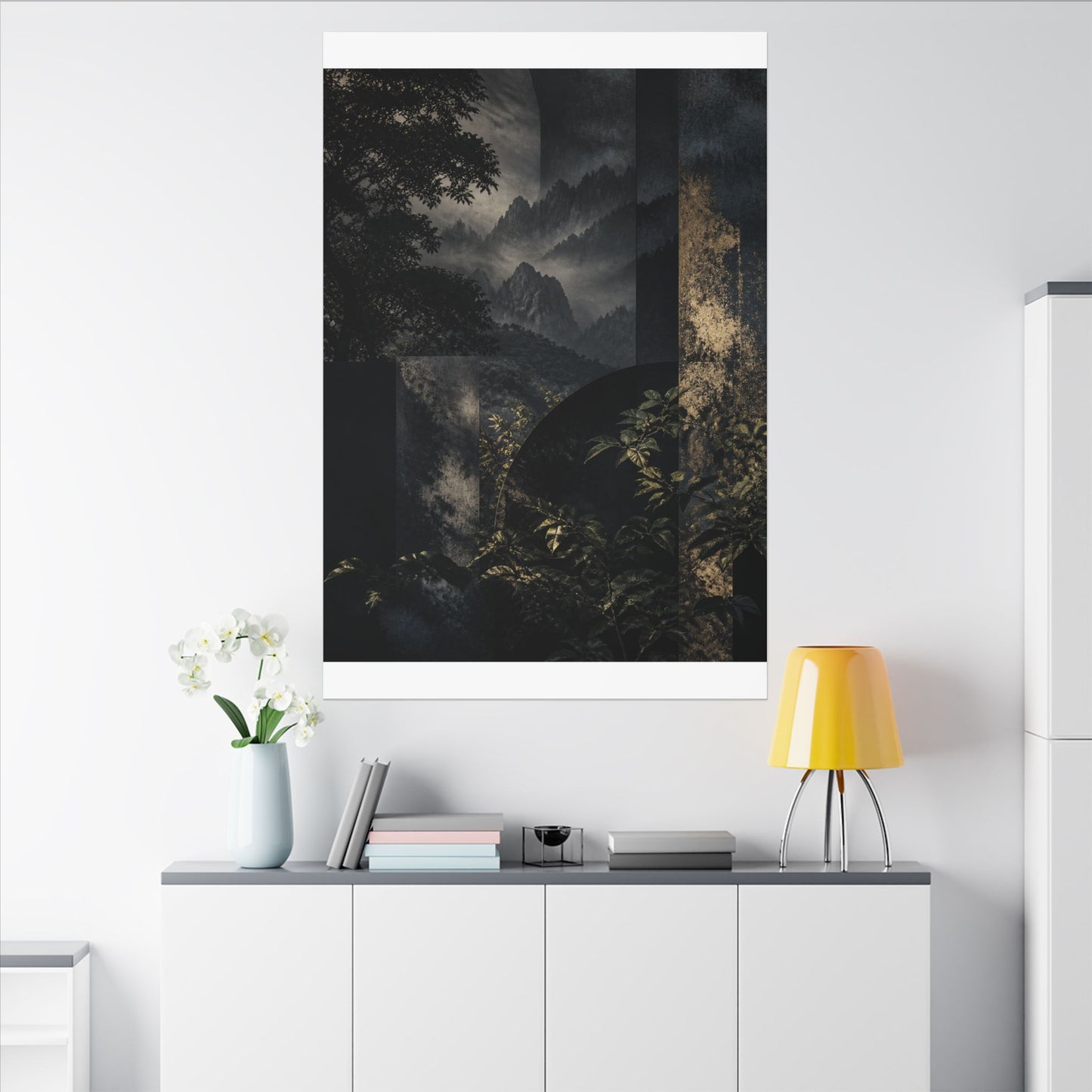 Mountain Mist Summer Canvas Art | Dark Japandi Atmospheric Design