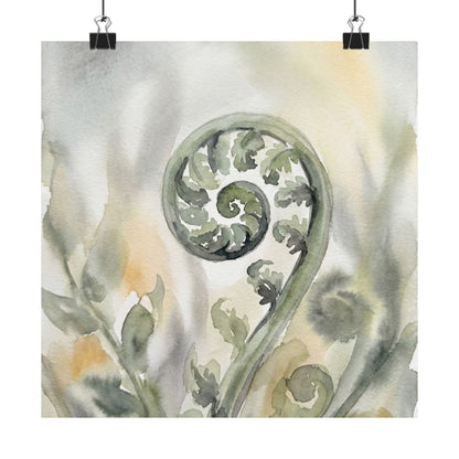 Fern Unfurling Watercolor Wall Art Print | Earthy Japandi Art