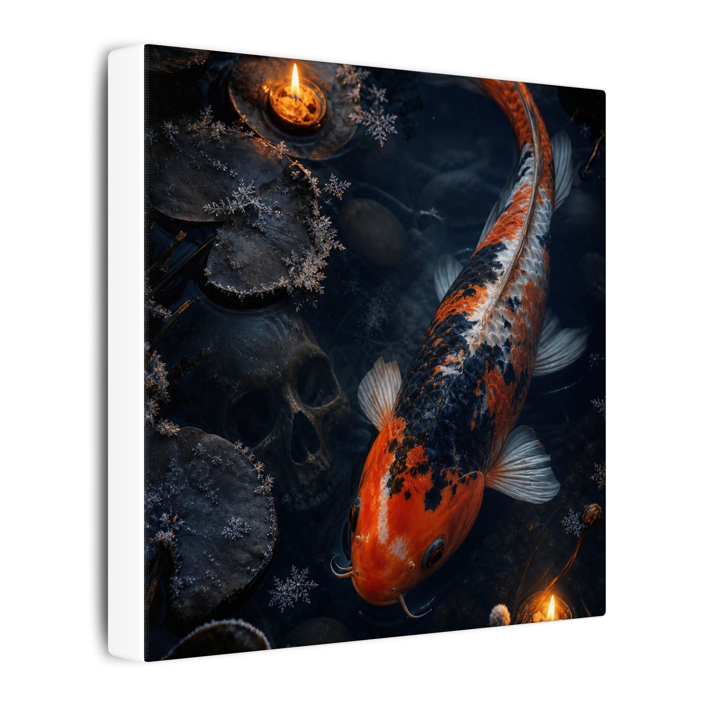 Koi Pond Canvas Art | Winter Dark Japandi Shadow Zen Art