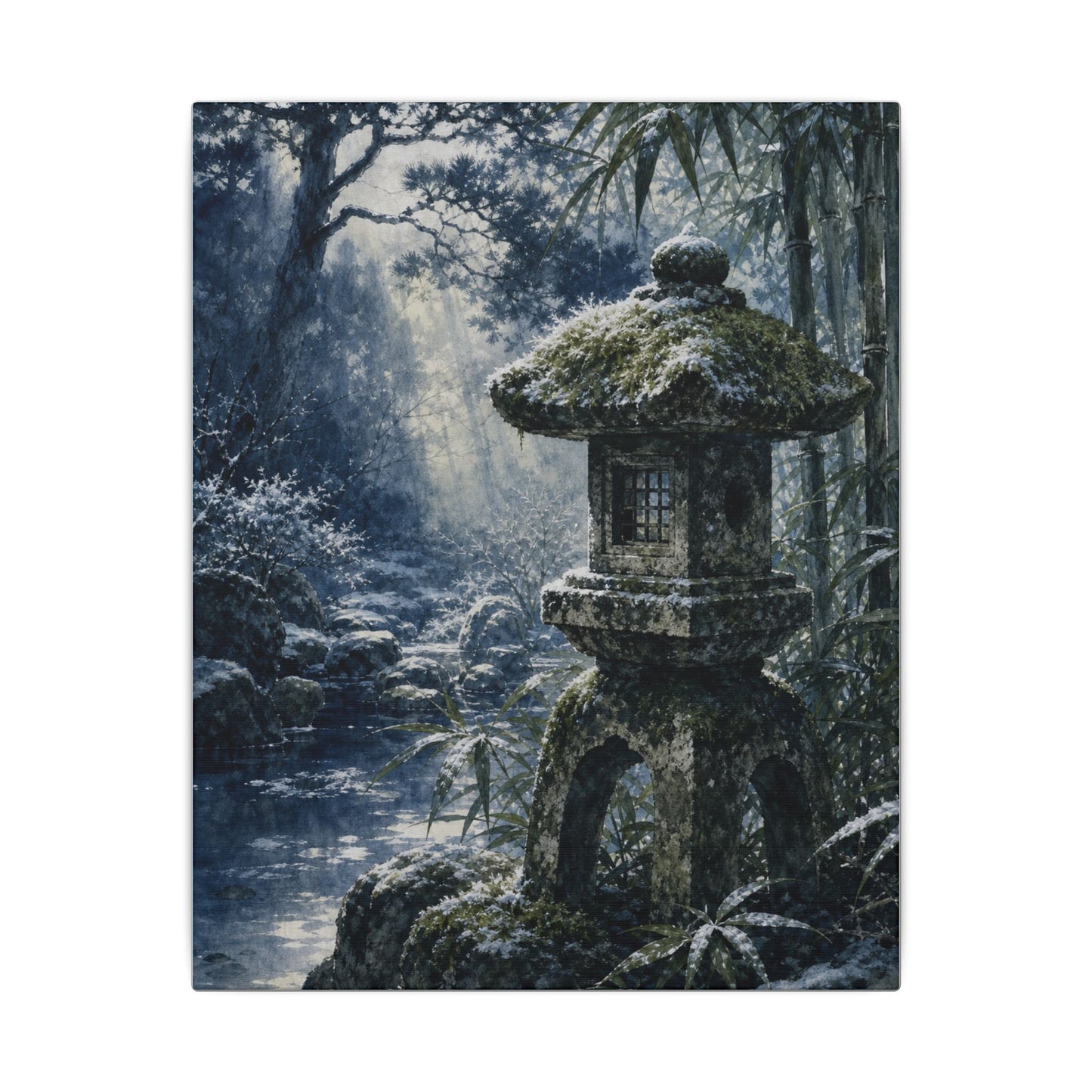Zen Stone Lantern in Dappled | Sumi E Canvas Art