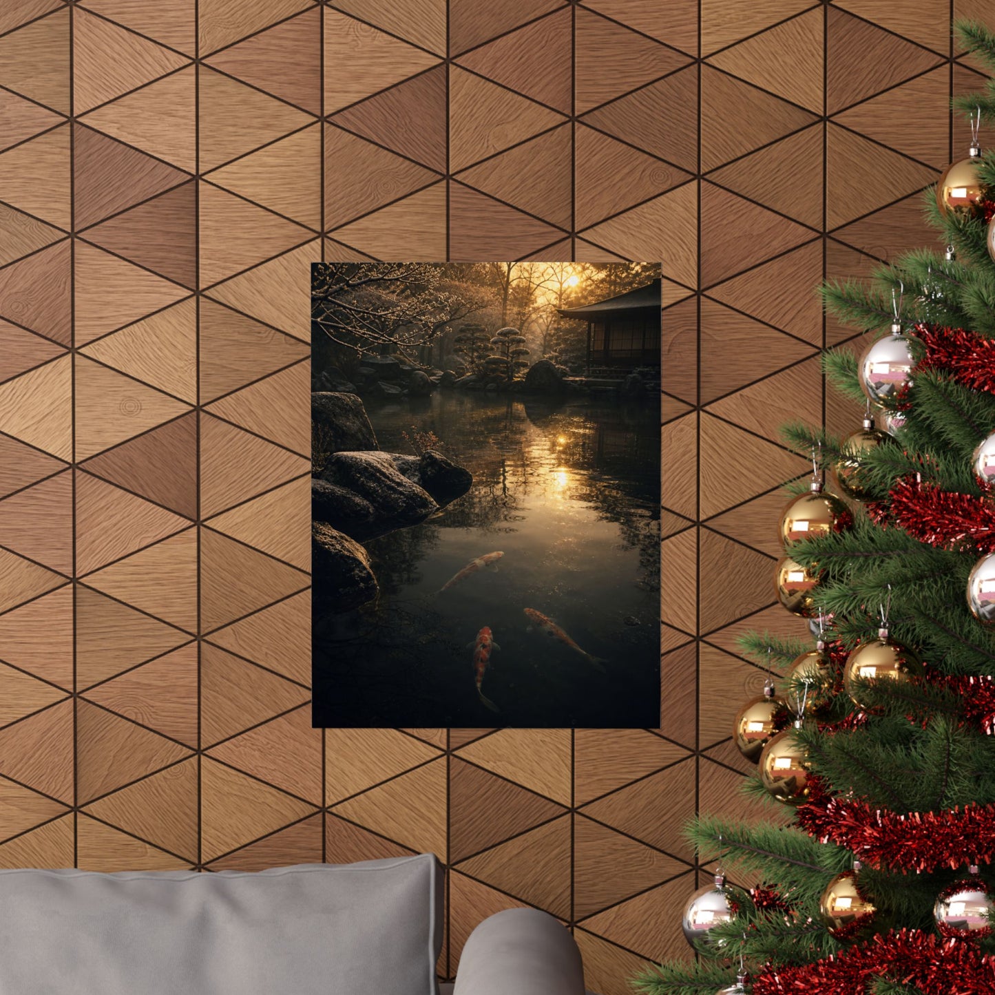 Dark Japandi Koi Pond in Golden Hour | Shadow Zen Wall Art Print