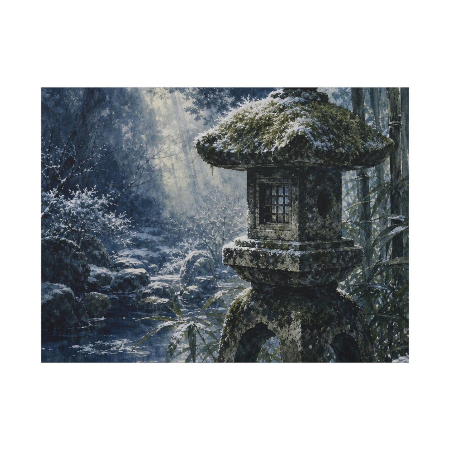Zen Stone Lantern in Dappled | Sumi E Canvas Art