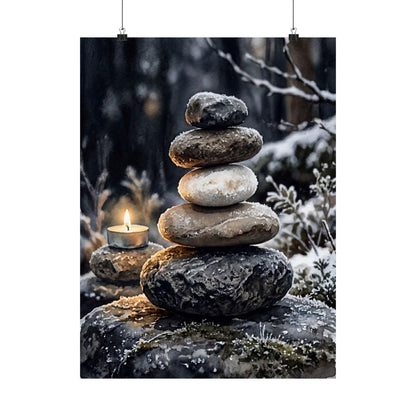 River Stones Wall Art Print | Winter Japandi Watercolor Art