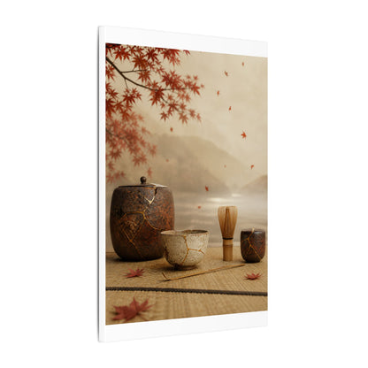 Tea Ceremony Canvas Art | Autumn Kintsugi Gold Vein Art