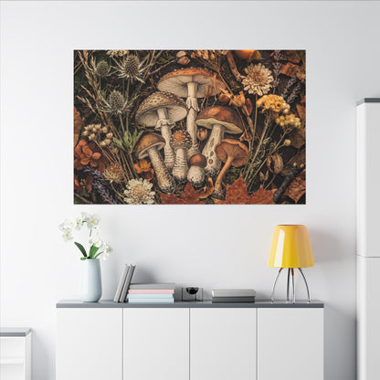 Autumn Dried Flowers Mushroom Illustration Canvas Art | Earthy Decor