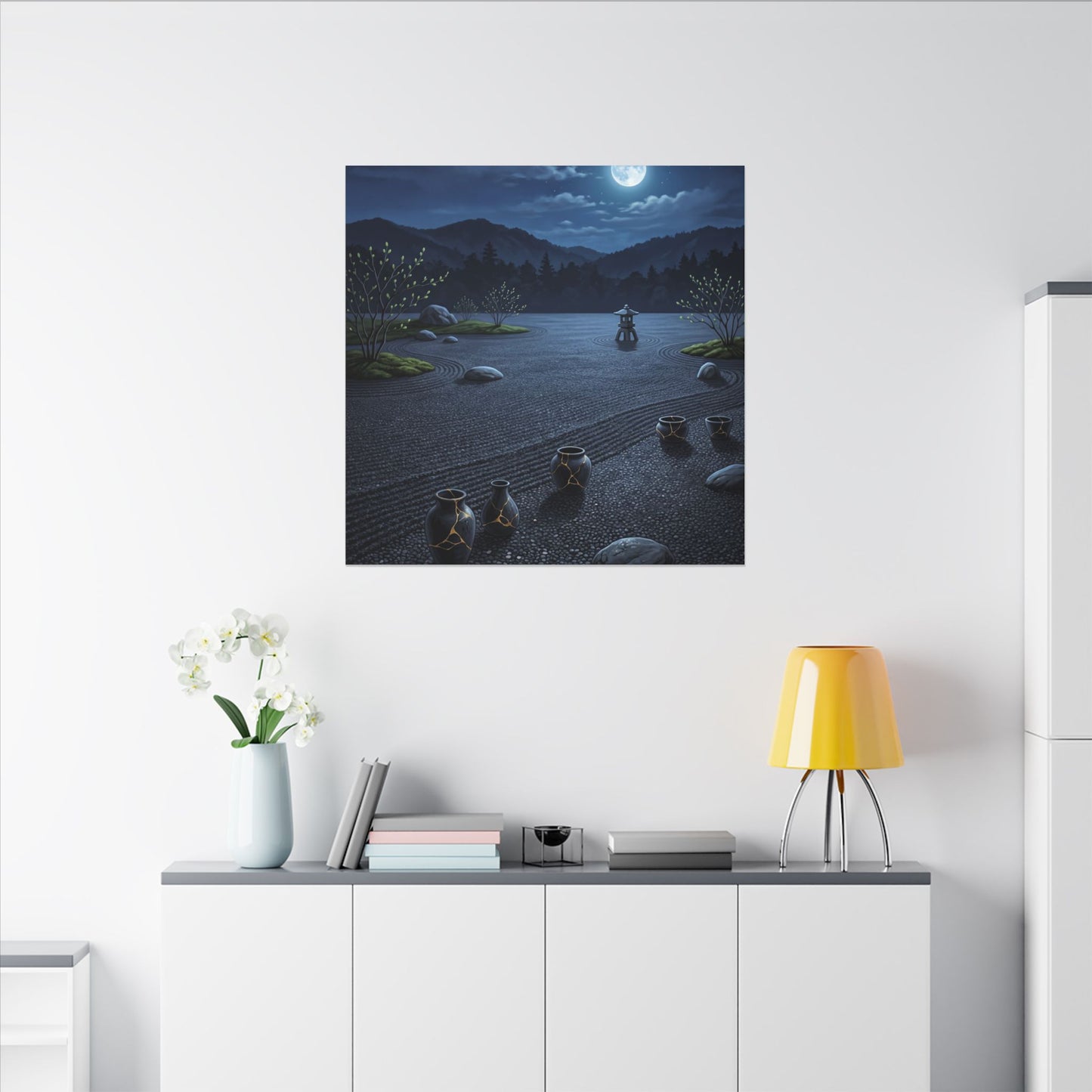 Kintsugi Moonlit Garden in Moonlight | Gold Repair Canvas Art