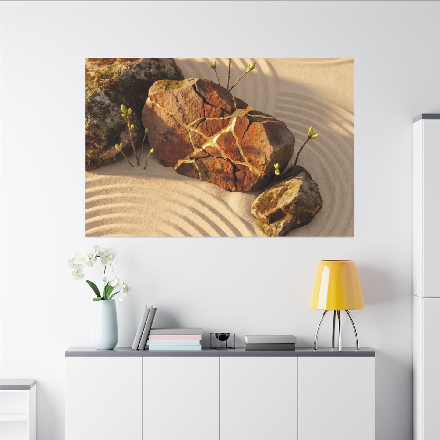 Kanso Rock Garden Canvas Art - Kintsugi Crackle Gold