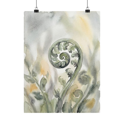 Fern Unfurling Watercolor Wall Art Print | Earthy Japandi Art