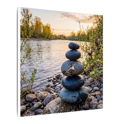 Kintsugi River Stones in Golden Hour | Gold Vein Canvas Art