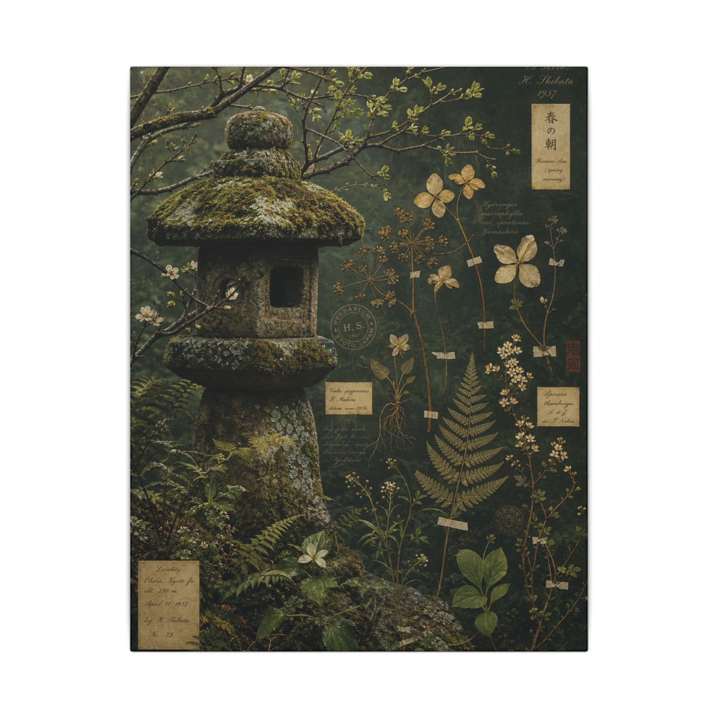 Spring Stone Lantern Herbarium Canvas Art | Nostalgic Decor